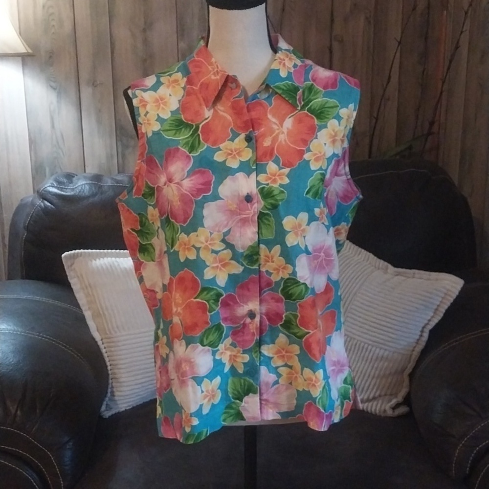 Jones New York Floral Summer Linen Button Up Top Size 12